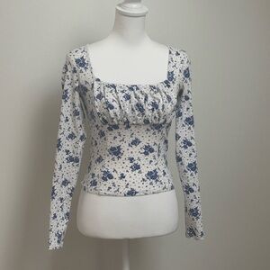 French Toile Blue Knit Squareneck Top